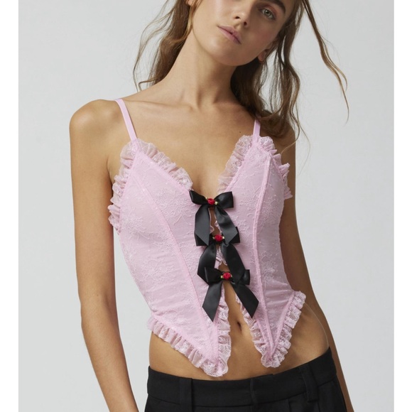 NWT!!! Urban Outfitters Pink and Black Lace corset with bows!! - Picture 1 of 4